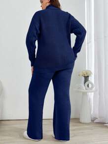 EURMUSE Turtleneck Drop Shoulder Sleeve Sweater And Pants Set - Navy Blue - View 2