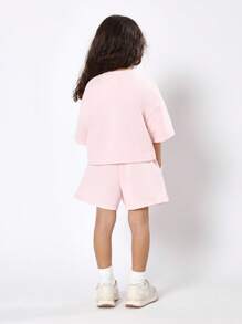 SUMWON Original Logo Girls Two Piece Set Matching Casual Summer Play Outfit Crop Top And Shorts Coordinated Wear Set - Pink - View 2