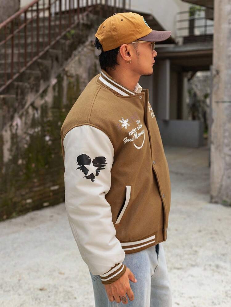 Men's Contrast Color Patchwork Baseball Collar Letter Print Thick Padded Coat, Summer