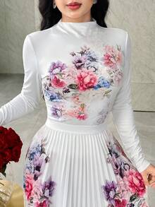 Feyla 女式优雅花卉印花长袖上衣和百褶裙两件套 - 白色 - 查看 4