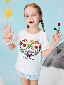 LE PETIT PRINCE X SHEIN Áo thun cotton dệt kim cổ tròn tay ngắn họa tiết trái tim và hoa nhiều màu sắc cho bé gái - trắng - Xem 2