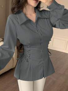 Modelyn 时尚休闲纯色交叉系腰衬衫 - 灰色 - 查看 5