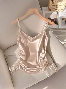 Franclia Women's Casual All-Match Solid Color Drawstring Hem Camisole Top