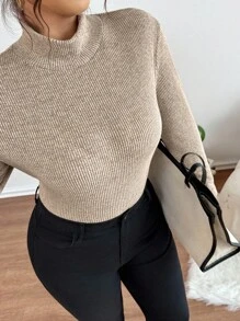 Lounesse 女式加大码修身高领罗纹面料长袖T恤，百搭优雅 - 杏色 - 查看 6