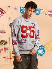 Paul Frank X SHEIN 男式字母与卡通图案圆领长袖套头衫 - 淺灰色 - 查看 3
