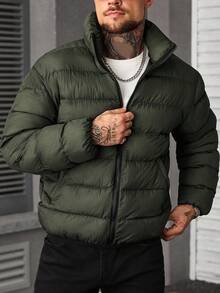 Manfinity CasualCool 休闲时尚百搭拉链长袖保暖男士冬季外套男式男士冬季男士外套男士夹克男式羽绒服，秋季 - 綠色 - 查看 3