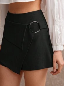 L'Amorae Summer Fashionable Commuter Solid Color Wrap Skirt Shorts - Black - View 5