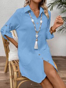 Vestido Camisa Con Botones Delanteros Texturizados De Color Sólido - Azul Agua - Ver 4