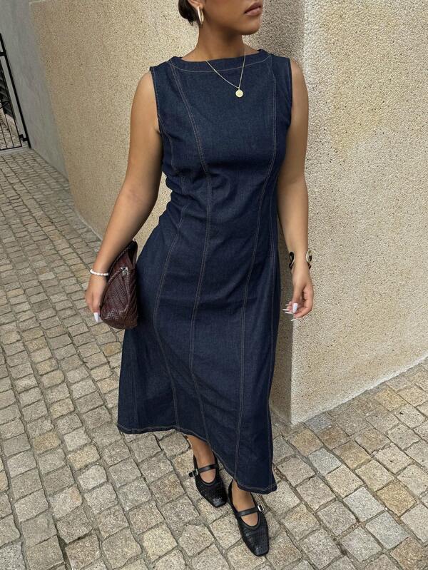 Dripcurv Plus Size Women's Casual Sleeveless Denim Cinched Waist Midi Dress, Autumn,Plus Size Dark Blue Denim Dress Stretch Denim Waist A-Dress Design Spring And Autumn Dresses Overall Dress, Fall Women Clothes ,Fall Clothes,Back To School,Homecoming,Halloween, Teacher Outfits For Women,Going Out Outfits,Business Casual Woman,Elegant Dress, Suitable For Commute,Old Money Style Women,Business Casual Woman,Teacher Outfits For Women,A-Line Hem Dress,Maxi Dress, Spring/Autumn, Dark Blue Denim Dress Shirt Bow Tie Short Dress Korean Style Sweet Dress Going Out Tops Women Wrap Dress,Only Cute Autumn Holiday Elegant Vacation Romantic Curve Farmhouse,Dark Blue Denim Dress Sleeveless Vest Long Dress Old Money Style Outfit Business Casual Outfits Women,Fall Clothes For Women