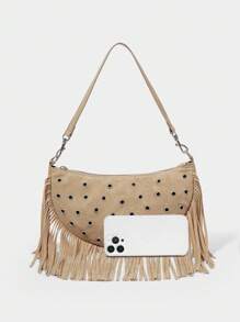 SHECARRY Túi đeo vai nữ, Túi Hobo, Đinh tán, Thời trang, Đơn giản, Cá nhân hóa, Đa năng, Tua rua phong cách Bohemian, Trang trí đinh tán theo phong cách phương Tây - Màu Khaki - Xem 4