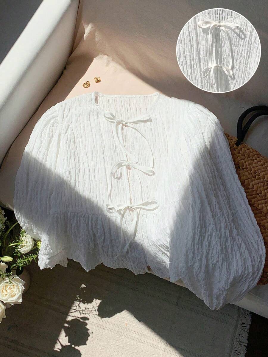 Comfortcana 加大码女式橙色休闲衬衫，简约时尚，适合日常穿着，系带前开襟衬衫，白色衬衫，女式纹理衬衫 - 白色 - 查看 1