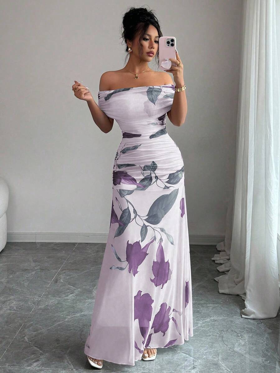 Modelyn Women's Mesh Printed Off Shoulder Ruffle Summer Casual Dress - Purple - View 1