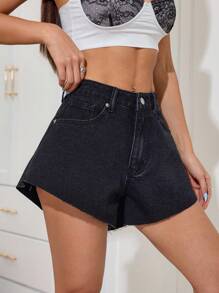 SHEIN PETITE Quần short denim rộng rãi giặt thường ngày mùa hè - màu đen - Xem 6