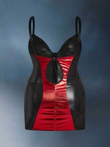 Empress Envy Plus Size Sexy Bodystocking With Zipper, Patchwork, Coated, Reflective Details For Slimming Look, Black & Red, Club Outfit, Party, Music Festival, Spaghetti Strap Dress, Can Be Worn Outdoors Faux Leather Lingerie Vinyl Lingerie Dress Plus Size Leather Lingerie