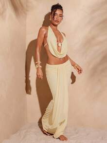 Hauture Conjunto de 2 piezas de top halter con espalda descubierta y falda de cola de pez, para mujer, de verano - Amarillo - Ver 3