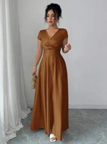 Elenzga 女士V领收腰优雅浪漫短袖连衣裙 - 咖啡棕 - 查看 6