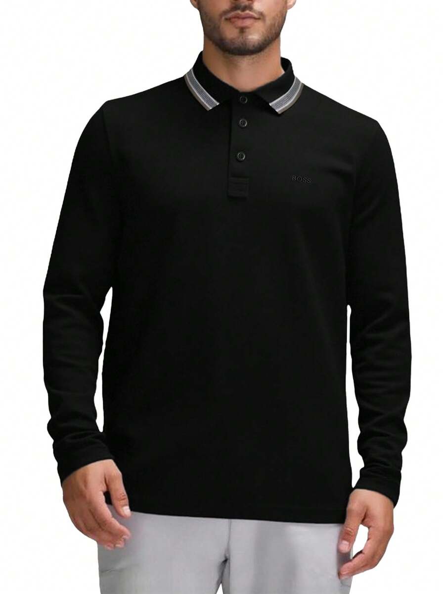 Hugo Boss Áo thun nam cổ polo sọc dài tay thường ngày đa năng - 015 Than củi - Xem 1