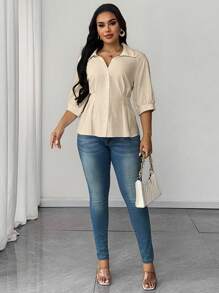 Maweii Plus Size Solid Color Collared Ruched Waist Elegant Blouse - Apricot - View 6