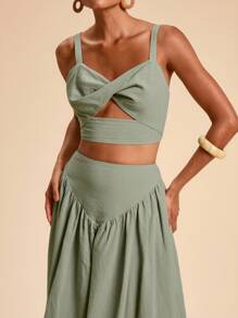 Travachic 2pcs/Set Women's Solid Color Woven Twist Hollow Out Cropped Camisole & Mini Skirt, Vacation Outfit Two Piece Skirt Set ,Green Two Piece Sage, Green Two Piece Set Vacation Outfits Women ,Two Piece Set Autumn ,Fall Clothes For Women,  Bohemia Style
