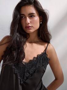 Maija 女士黑色撞色蕾丝上衣，优雅浪漫时尚舒适宽松V领可调节吊带度假/商务休闲衬衫 - 黑色 - 查看 6