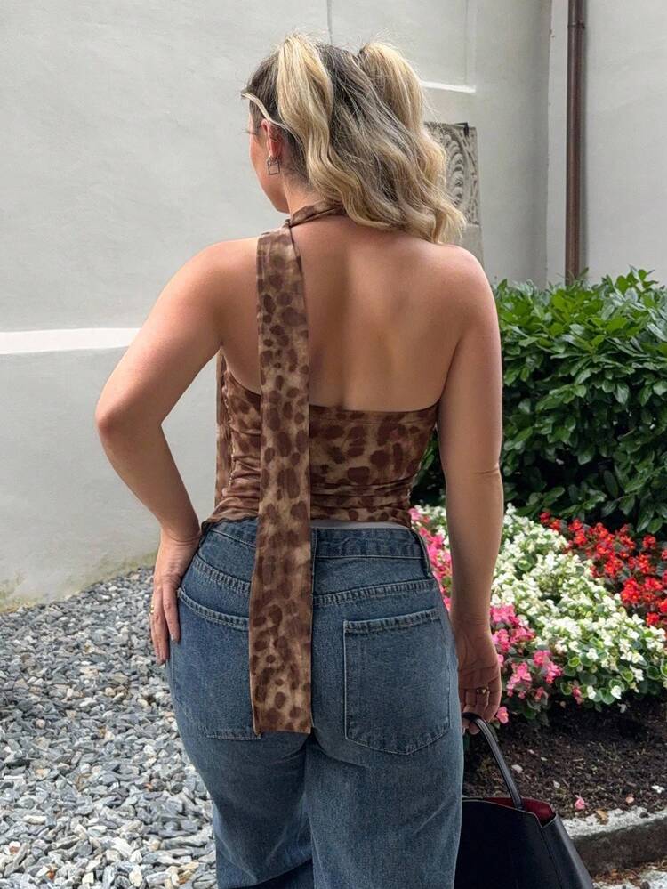 Jeta Ari Áo thun xếp ly họa tiết da báo Gyaru Y2K mùa hè cho nữ - Nhiều màu - Xem 2