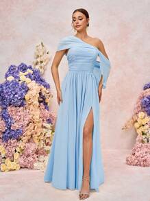 SHEIN Belle 优雅浪漫雪纺不对称露肩褶饰垂袖高开衩 A 字下摆连衣裙，适合婚礼、派对、约会、伴娘 - 淺藍色 - 查看 5