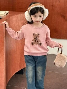 SHEIN Little Byeori Suéter de cuello redondo con estampado de oso para niña, top casual escolar, suéter de punto lindo con gráfico de oso para invierno - Multicolor - Ver 3