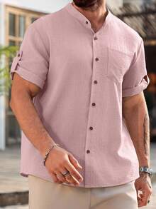 Manfinity Homme 大码男士休闲纯色短袖宽松衬衫，夏季 - 粉色 - 查看 4