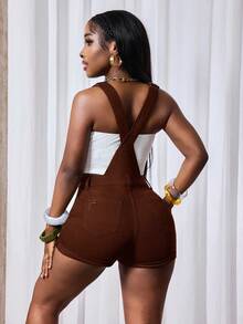 SHEIN SXY Quần yếm denim rách màu trơn thời trang mùa hè - Cà phê nâu - Xem 3