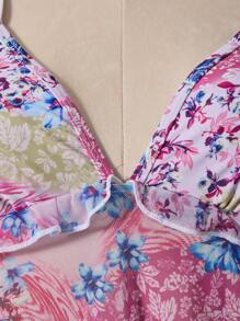 SHEIN Swim 女士碎花荷叶边可调节高腰度假吊带比基尼上衣 - 粉色 - 查看 12