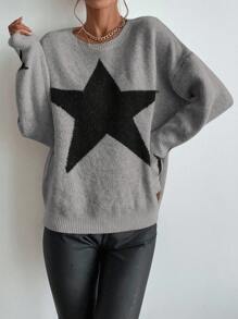EMERY ROSE Pull oversize à motif étoile color block, tricot automne/hiver - Gris foncé - Voir 3