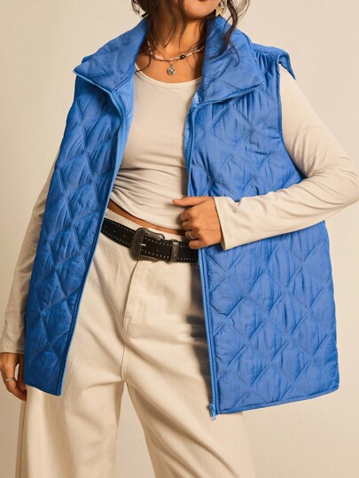 SHEIN VCAY Plus Size Solid Color Sleeveless Zip-Up Padded Coat, Autumn/Winter Quilted Vest Women Outerwear Polo Winter Jacket Fall Clothes For Women Winter Clothes For Women Business Casual Woman Fall Clothes Plus Size Boho Rave Fairycore Office Autumn Festival Alt