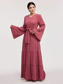 Veilorie Váy suông tay chuông màu trơn thanh lịch phong cách Ả Rập dành cho nữ - Màu Hồng  Dưa hấu - Xem 2