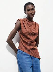 Lumivelle Women's Summer Commuter Striped Ruffle Asymmetrical Hem Blouse Maillard Style Summer Brown Clothes For University - Brown - View 6