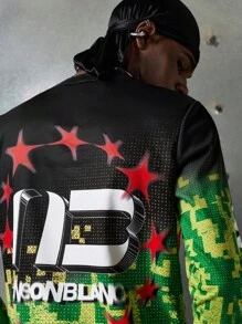 NEON BLANC Camiseta de manga larga con cuello redondo y gráfico de letras, estilo urbano para hombre, otoño - Verde Oscuro - Ver 4