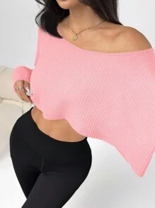 Flirla Petite Áo thun dài tay rộng thùng thình, vai trễ, vải Jacquard, thiết kế cơ bản và tối giản để mặc hàng ngày - Hồng - Xem 4