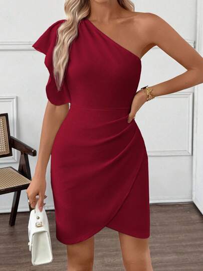 Miaspire 女士优雅纯色裹身无袖迷你连衣裙，适合夏季通勤，单肩连衣裙，单袖连衣裙，酒红色连衣裙，不对称连衣裙，红色连衣裙，纯色连衣裙，派对连衣裙，度假装扮，适合春夏穿着