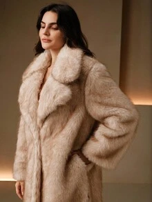 Anewsta 奢华蓬松人造毛领修身中长款大衣，冬季人造毛外套 - 米色 - 查看 8