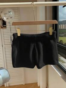 Comfortcana Plus Size Black Knitted Casual Shorts Black Knit Shorts Knit Shorts For Women Soft Knit Shorts Comfy Knit Shorts Black Lounge Shorts In Fall/Winter