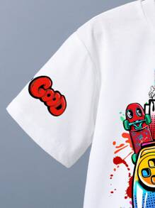 GraphicGems 2 件年轻男孩“Good Game Day”涂鸦印花圆领短袖白色 T 恤和红色宽松梭织短裤套装，夏季 - 紅色 - 查看 7
