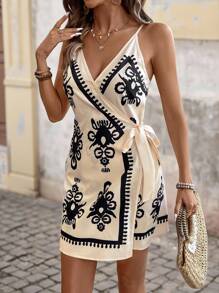 Brillora Women's Floral Print Wrap With Knot Sleeveless Casual Dress, For Vacation - Multicolor - View 3