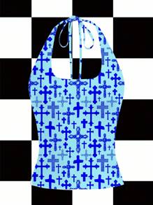 Studio Chunk Women's Summer Fashion Cross Print Backless Halter Top Blue Cross Top Blue Summer Top Blue Crop Top Blue Tops For Women Going Out Tops - Blue - View 4