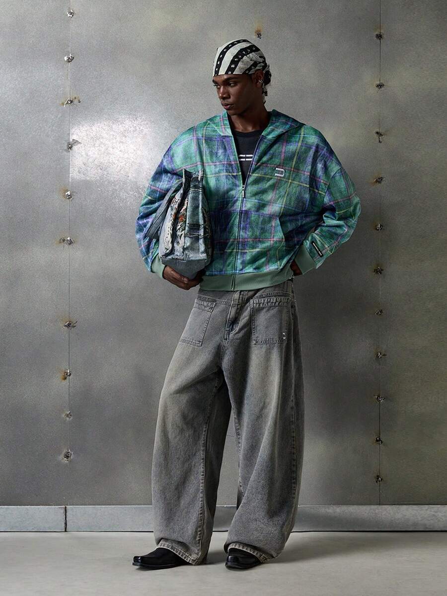 NEON BLANC Digital Print Hooded Long Sleeve Front Zipper Men's Sweatshirt, Fall, Winter - Green - View 1