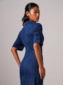 COSMINA 女士时尚通勤褶饰合身前扣牛仔连衣裙教师装；外出装 - 深色水洗藍 - 查看 2