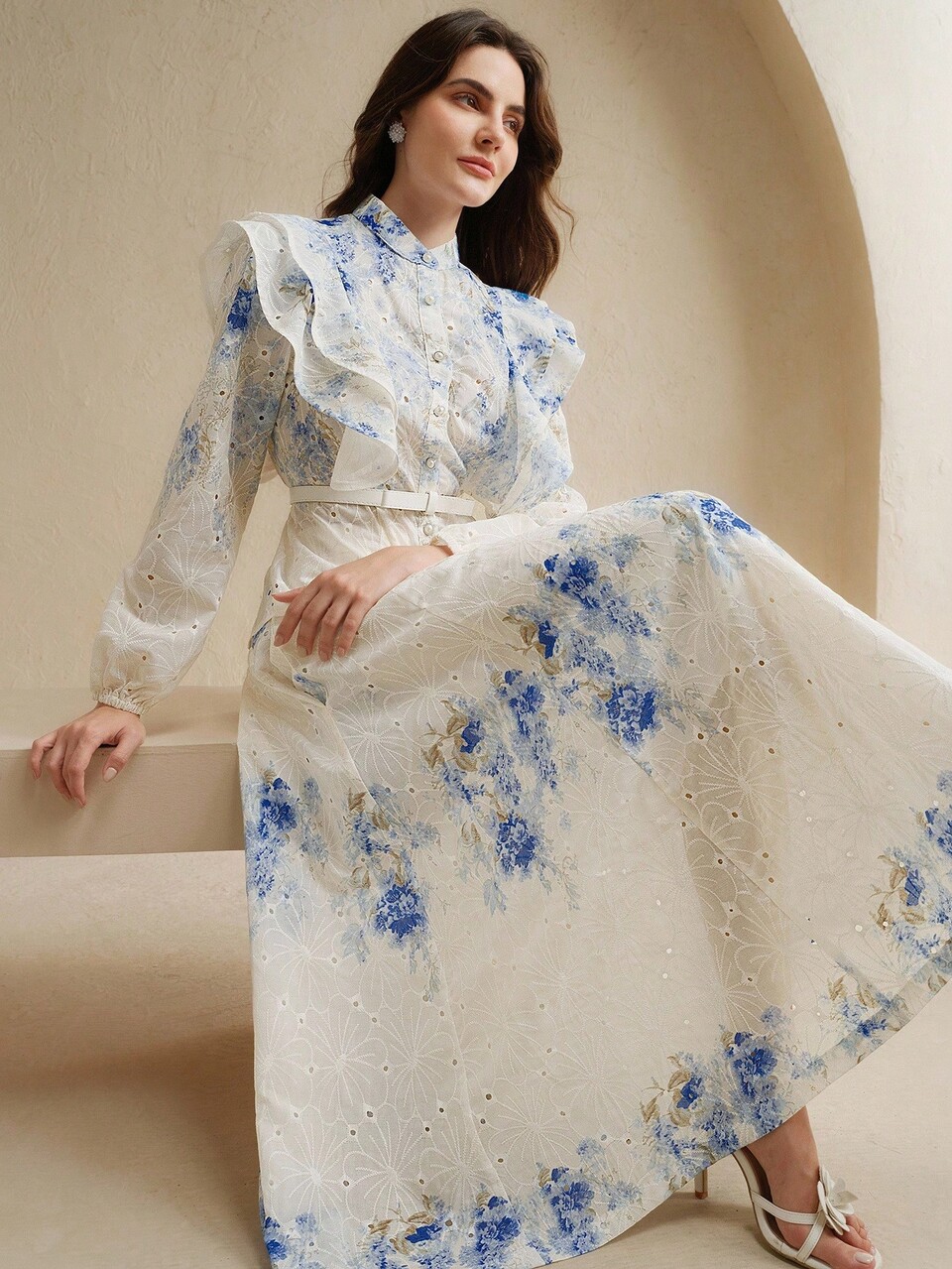 2pcs Elegant Ruffle Embroidered Floral Print Long Sleeve Mandarin Collar Blouse And Flared Midi Skirt Set For Women