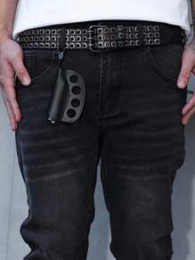 Manfinity LEGND 男士黑色破洞紧身喇叭牛仔裤，带破洞细节和加长款破洞叠穿牛仔裤 - 黑色 - 查看 6