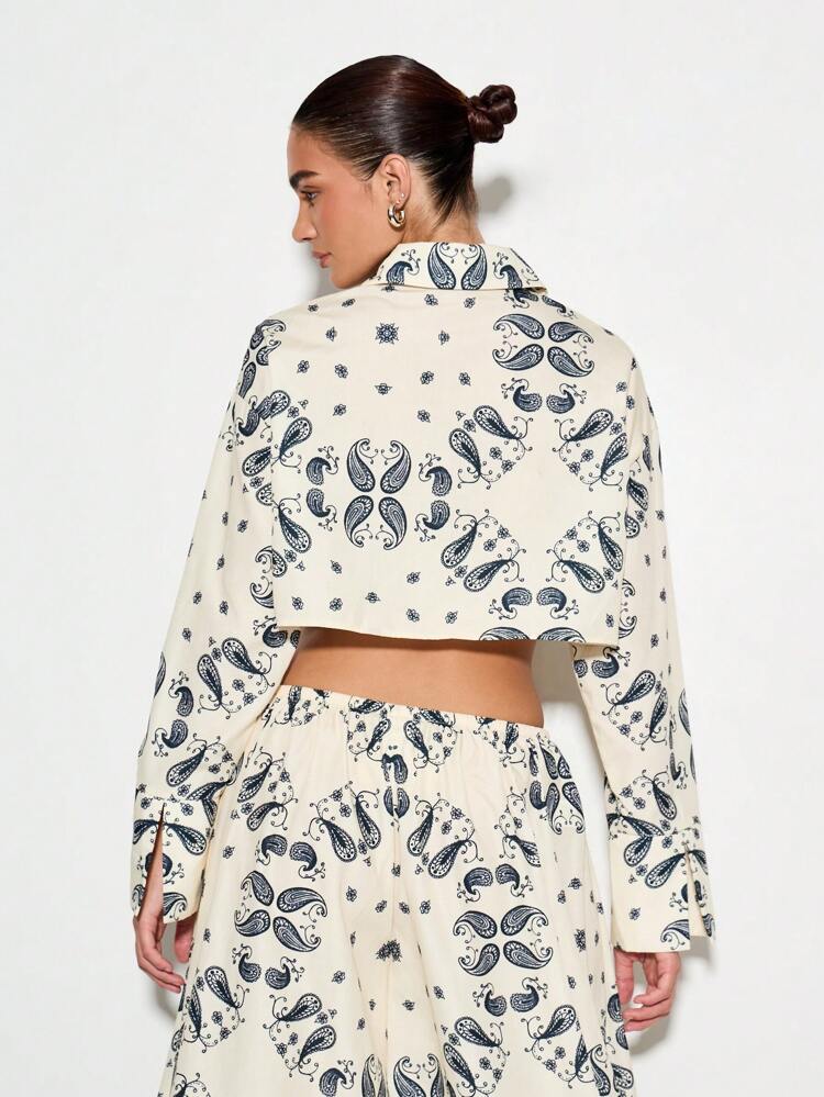 KIZN Paisley Print Cropped Button Up Blouse Long Sleeve Collared Oversized Shirt Western Style Boho Chic Festival Top