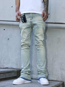 Manfinity EMRG 男士口袋拉链下摆设计紧身休闲牛仔裤 - 淺色水洗藍 - 查看 8