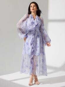 Modelyn 女士长款雪纺露背连衣裙，清新花卉褶皱，浪漫优雅的摆摆，春夏 - 紫色 - 查看 3