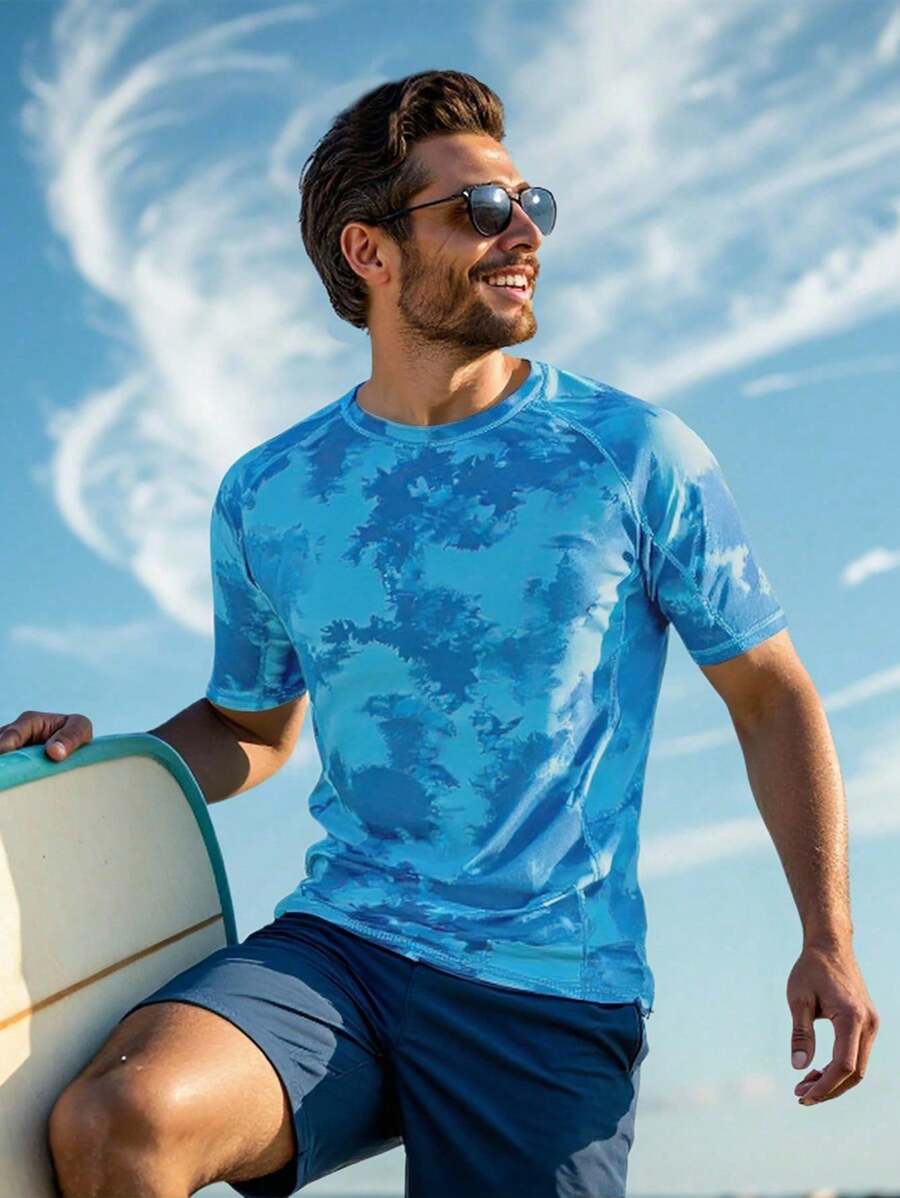 CoralVoy Men Surfing Graphic T-Shirts Short Sleeve, Minimalist Style Suitable For Summer Man Swim Trunks,Hawaiian - Blue - View 1